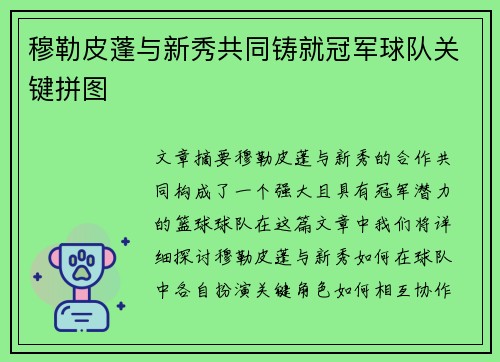 穆勒皮蓬与新秀共同铸就冠军球队关键拼图